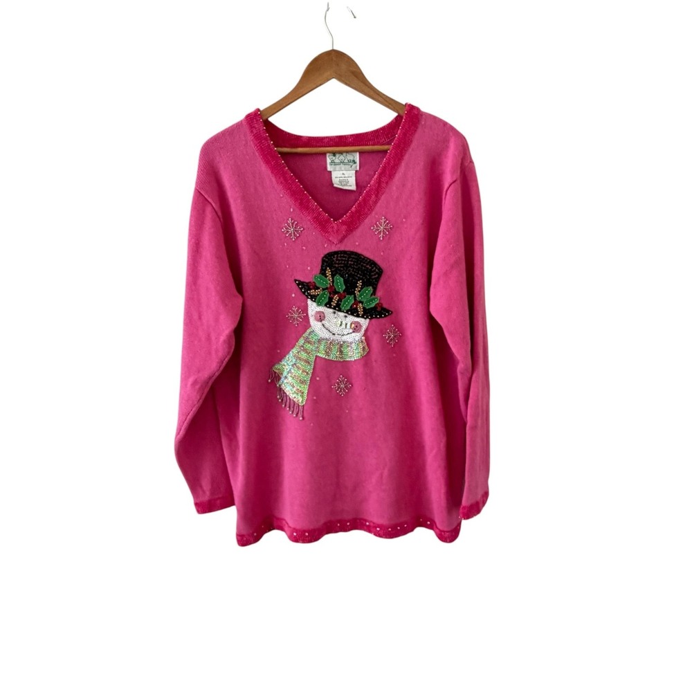 The Quacker Factory Snowman Ugly Christmas Sweater Womens XL Pink Sequin Beaded